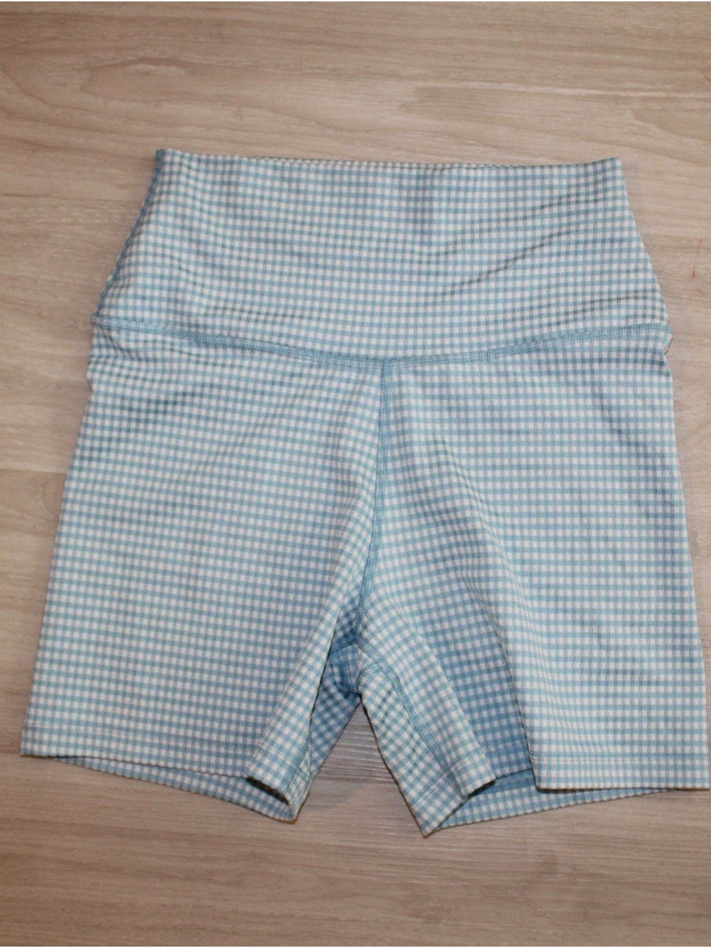 High-Waist Light Blue Gingham Women’s Bike Shorts